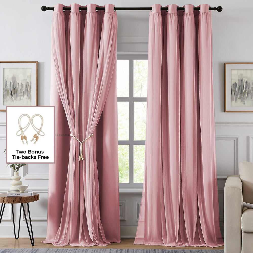 100% Blackout Curtains for Bedroom, Double Layer Pink 84" L