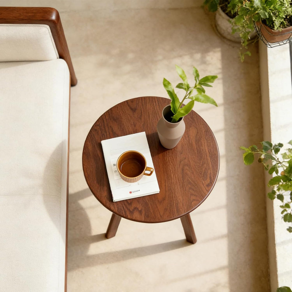 Walnut Small Round Side Table, Solid Oak Wood End Table with 3-Leg Design for...