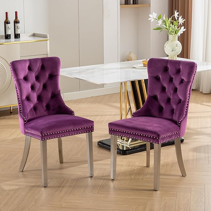 Mid Century Modern Dining Chairs Set of 6, Purple Velvet Upholstered Tufted B...