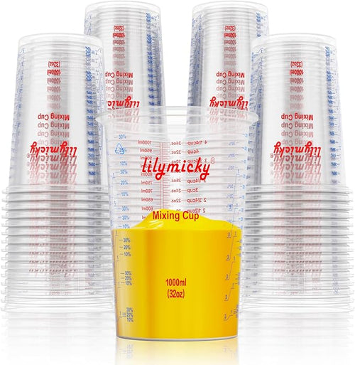 50 PACK Plastic Measuring Cups, 32 oz Disposable Mixing Cups, Measurement by Lilymicky