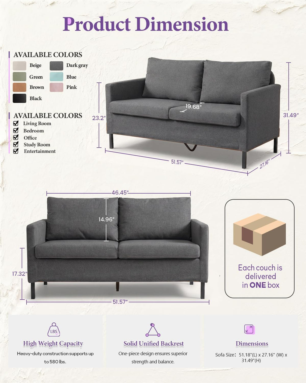 51'' Dark Grey Small Couch Loveseat, 2-Seater Linen Sofa