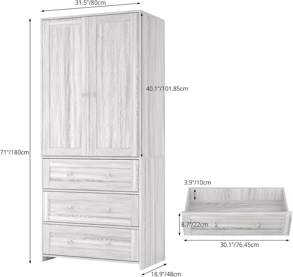 VOWNER 71" Tall Armoire Wardrobe Closet with Drawers and Mirror