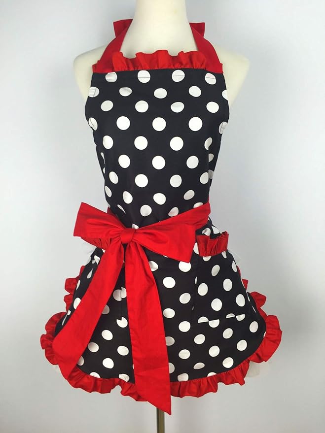 Hyzrz Cute Apron Retro Black Polka Dot Retro Ruffle Side Vintage Cooking Aprons - Image 2
