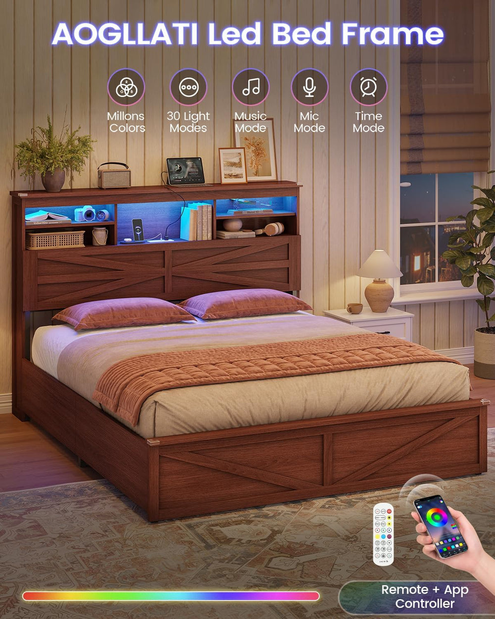 AOGLLATI Farmhouse Full Size Bed Frame with Lift Up Storage,Brown