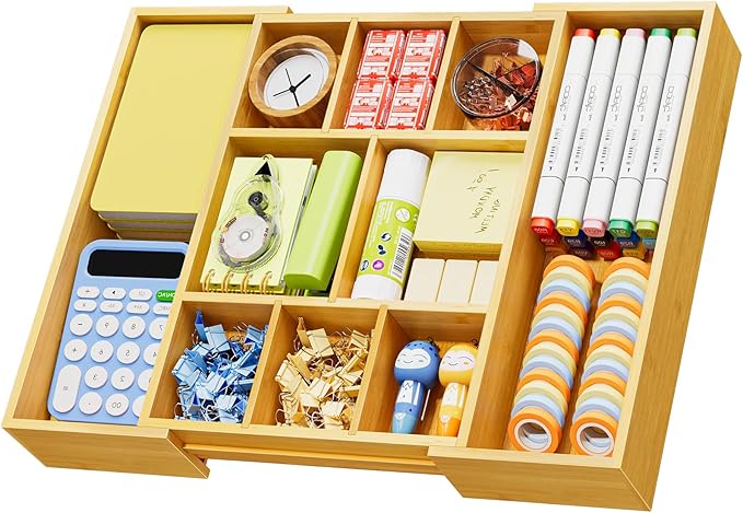 Marbrasse Bamboo Expandable Drawer Organizer, Desk Drawer Organizer Tray by Marbrasse