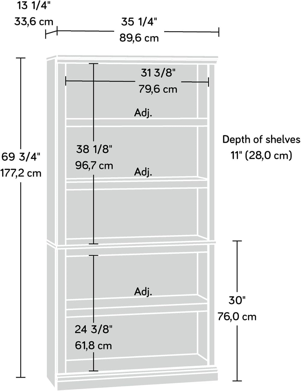 Sauder 5 Tier Book Shelf Wooden Bookcase Multipurpose Bookshelf for Home Offi...