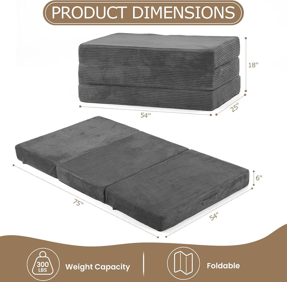 6-Inch Tri-Folding Mattress Full Size - Foldable Futon Sofa Bed with Removabl...