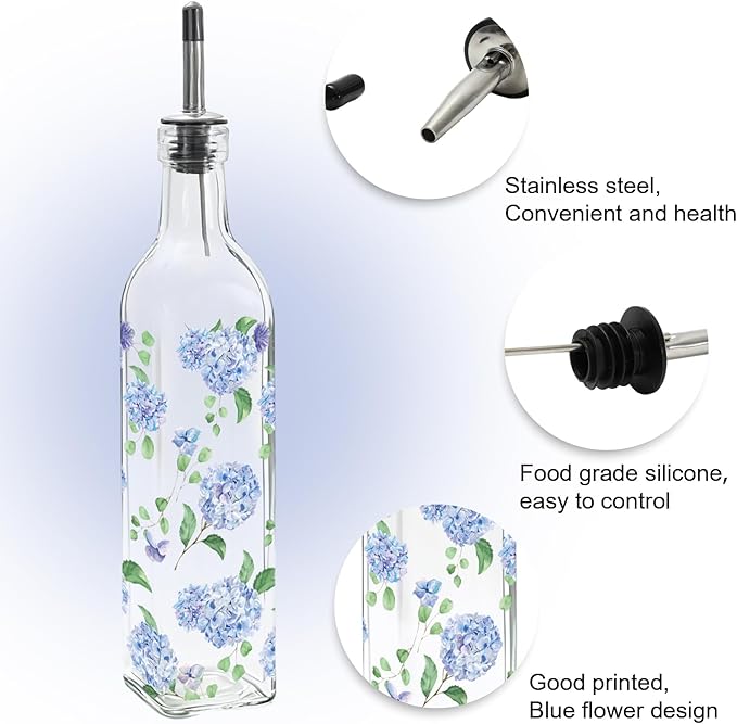 JarThenaAMCS Blue Hydrangea Olive Oil Dispenser Bottle Glass Cruet Bottle - Image 3