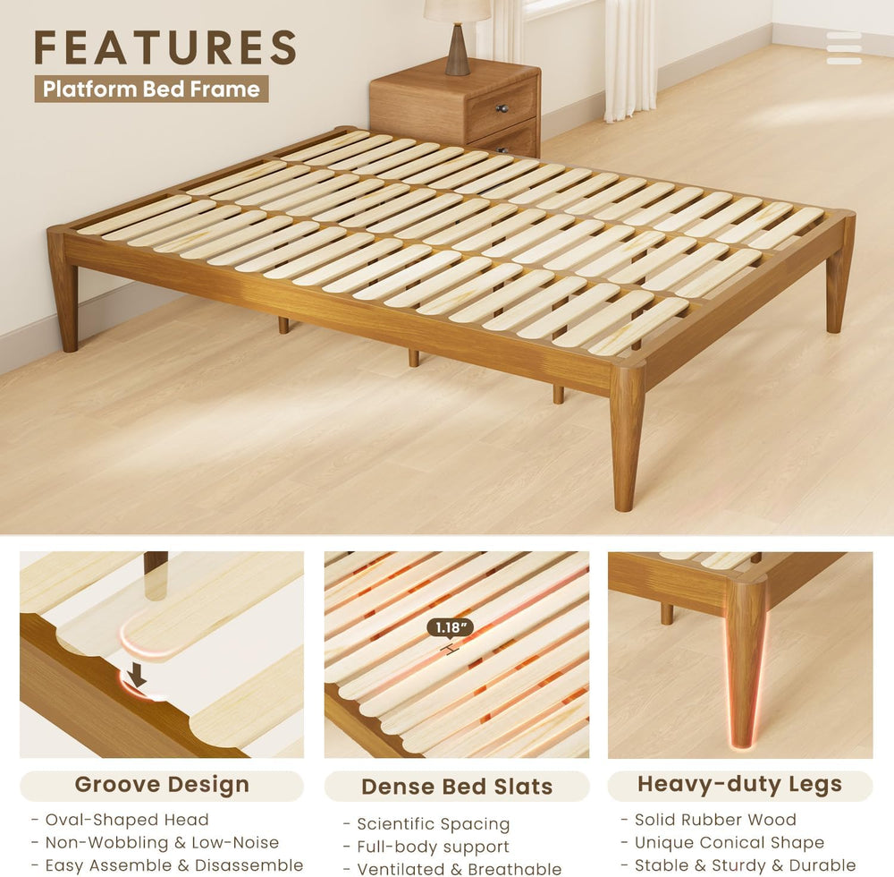 IOTXY Twin Platform Bed Frame - 16" Wood Mattress Foundation Base, Teak