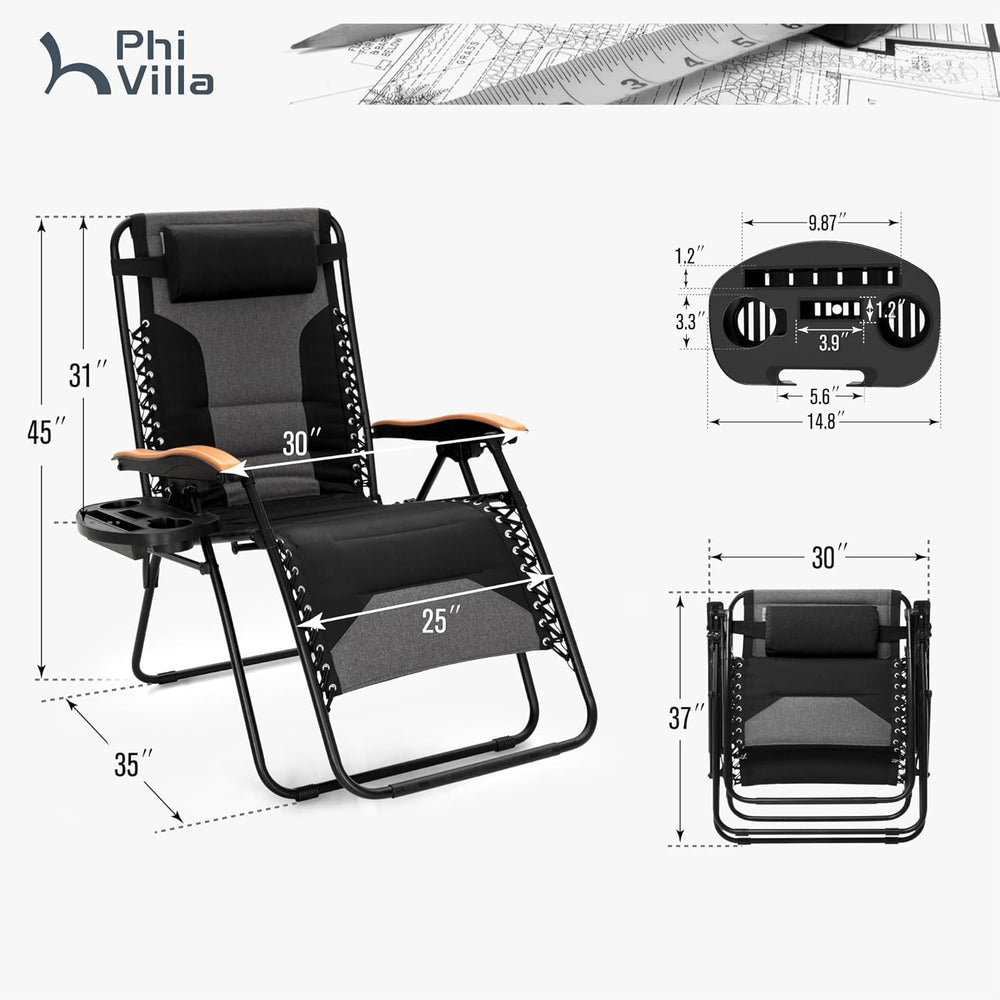 PHI VILLA XXL Oversized Padded Zero Gravity Chair, Foldable Patio Recliner, 3...