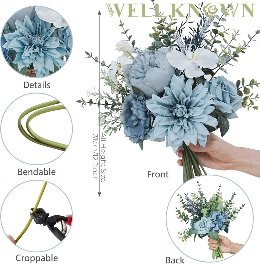 WELL KNOWN Artificial Flowers Bouquet with Designed Glass Vase, Dusty Blue