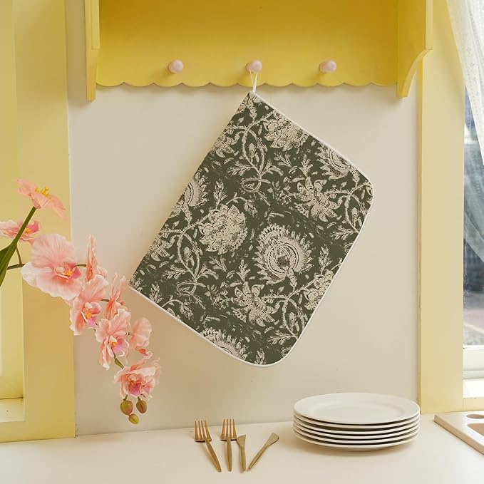 Green Dish Drying Mat 18 x 24 Inch Vintage Olive Green Floral Drying Mat - Image 4