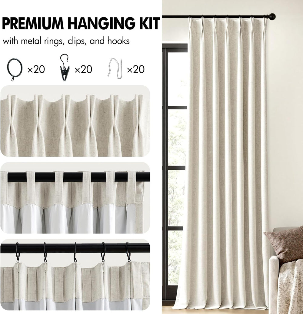 MIULEE Natural Pinch Pleated 100% Blackout Linen Curtains 40x84 Inches