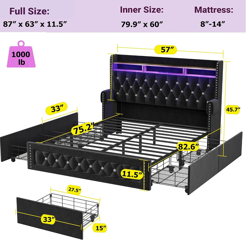 Ailisite Full Size Bed Frame with 4 Storage Drawers,Velvet Upholstered Full P...