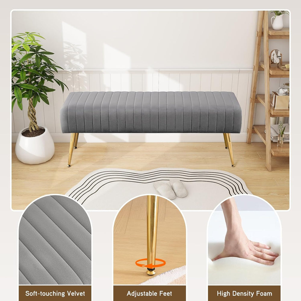 Furnimart 44 Inch Gray Velvet Modern Ottoman Bench, Modern Upholstered Bedroo...