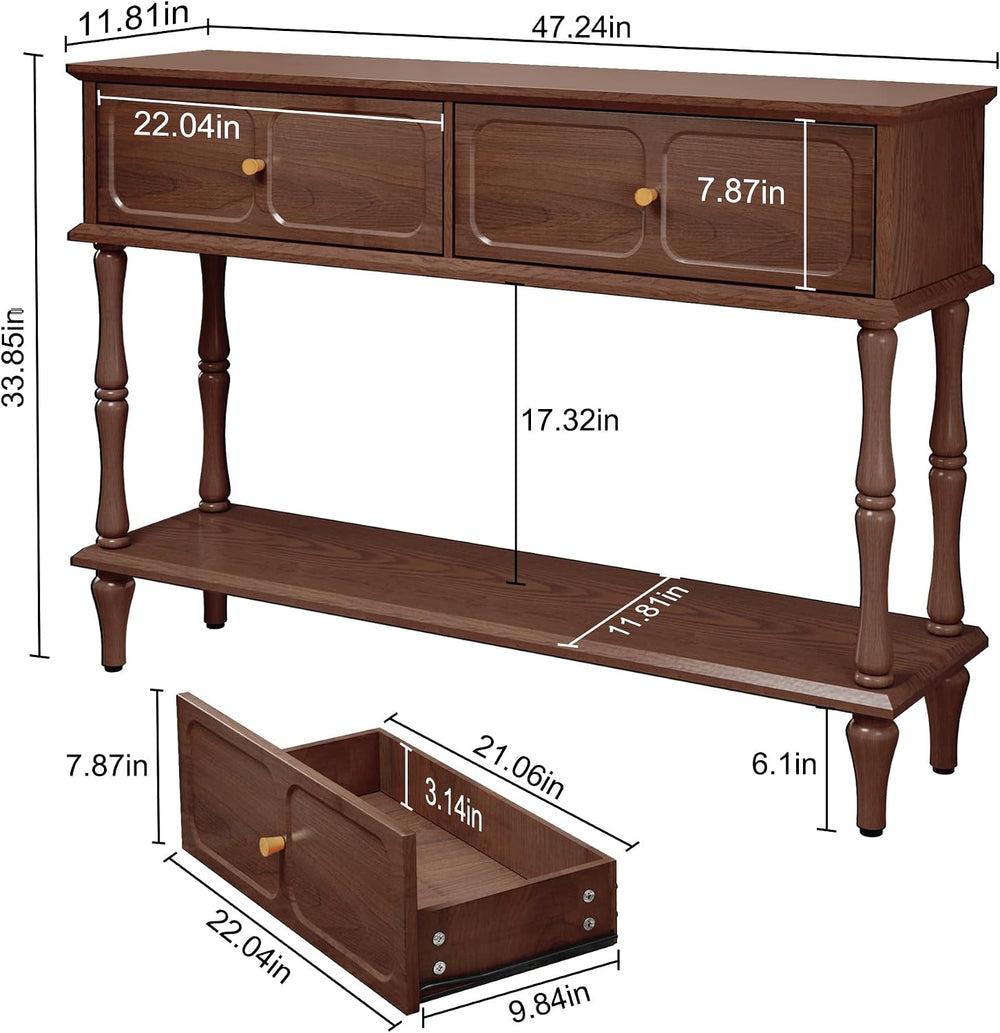 ARTPOWER 47" Mid-Century Console Table, 2 Drawers and Open Shelf, Brown