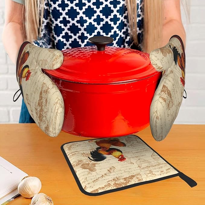 Retro Rustic Pot Holders and Oven Mitts Set of 3, Rooster Chicken Oven Gloves - Image 7