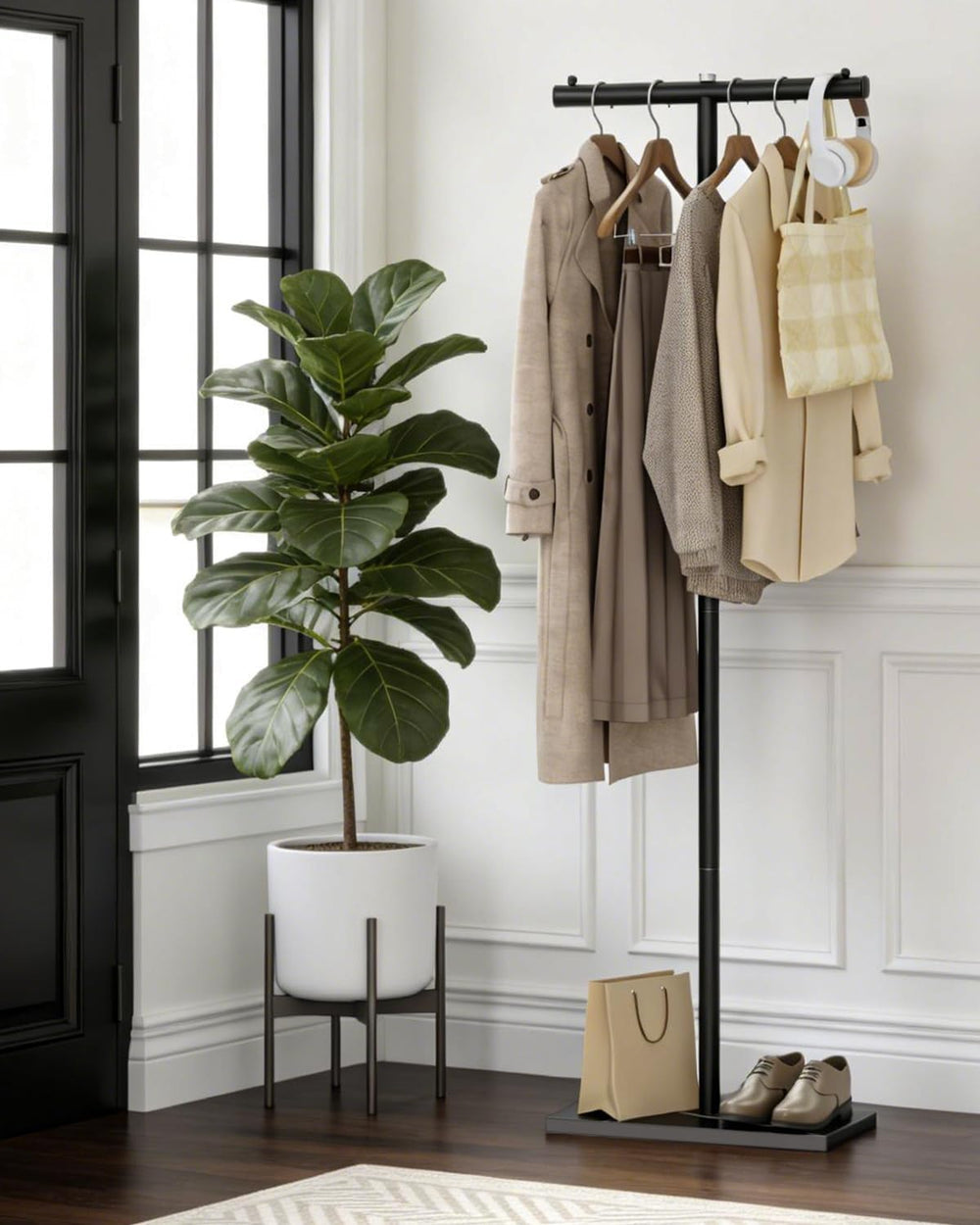 T-shaped Coat Rack Freestanding, Modern Clothes Rack with Rock Slab Base, Hea...