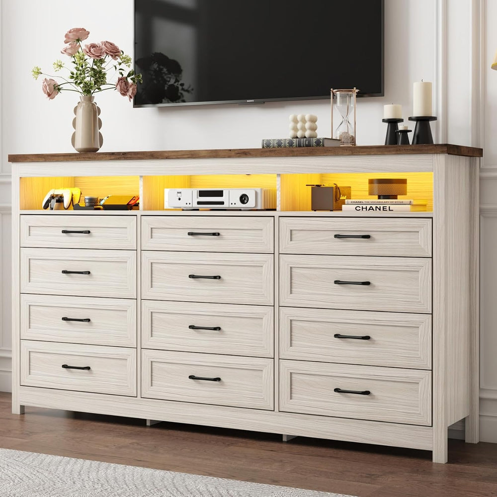 Hlivelood Farmhouse 12 Drawer Dresser with LED Lights, 71" Wide Large Ch...
