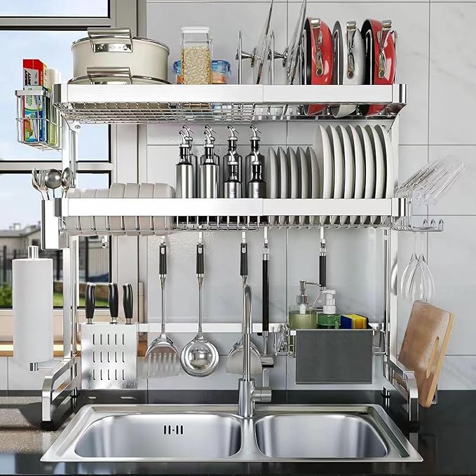 Over The Sink Dish Drainer Drying Rack, Full Stainless Steel 3-Tier Adjustable by Shrivee