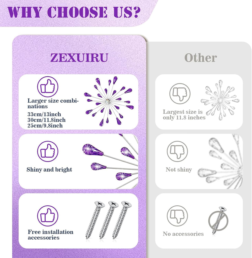 ZEXUIRU 4 Set Silver Starburst Wall Art for Home Decor Metal Bling Crystal Rh...