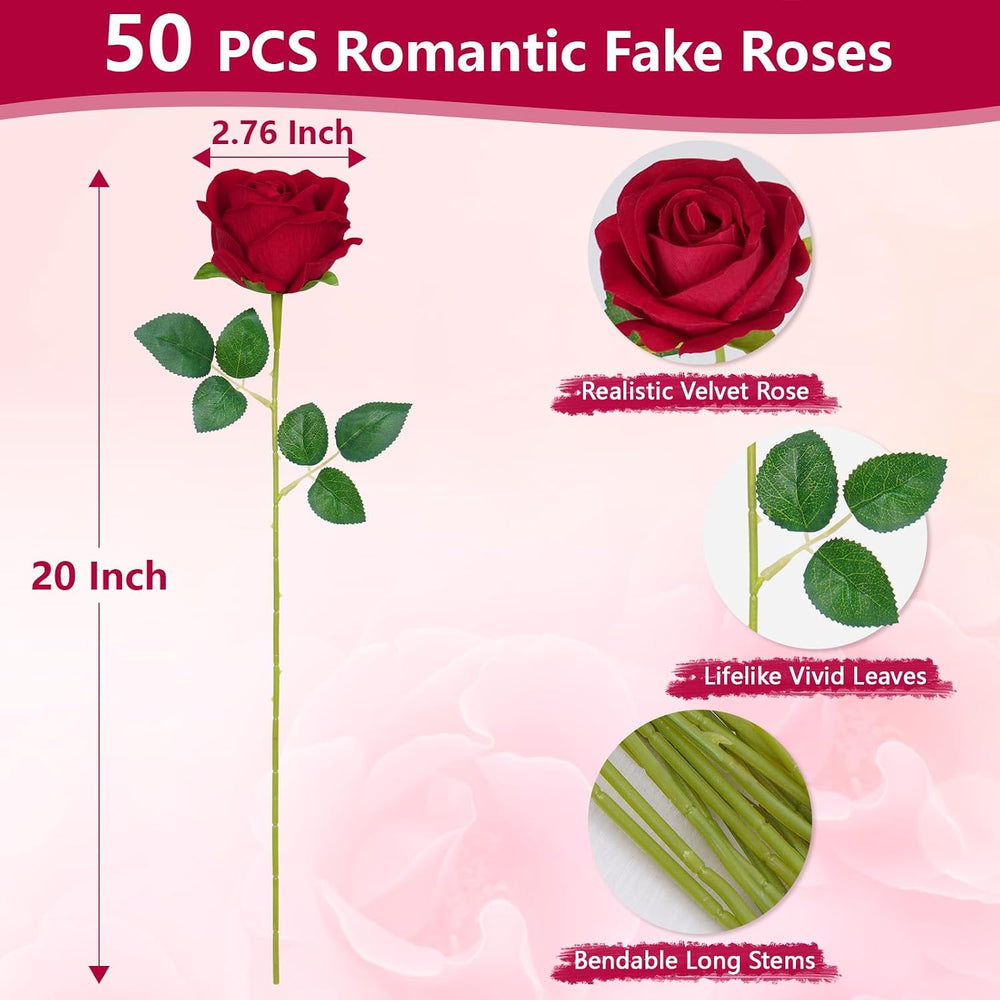 50Pcs Red Roses Artificial Flowers, Real Touch Velvet Fake Roses Bouquet