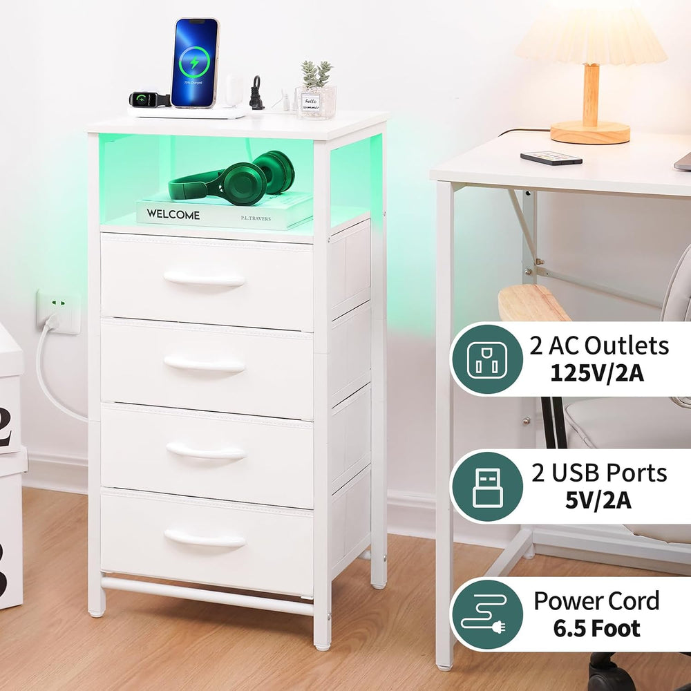 Yoobure Night Stand - LED White Nightstand with Charging Station, Bedside Tab...