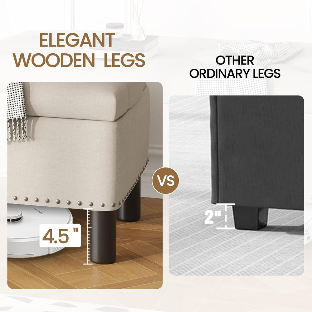 Furniliving Large Storage Ottoman, Beige, Wood Frame, Linen Fabric, 285 Lbs C...