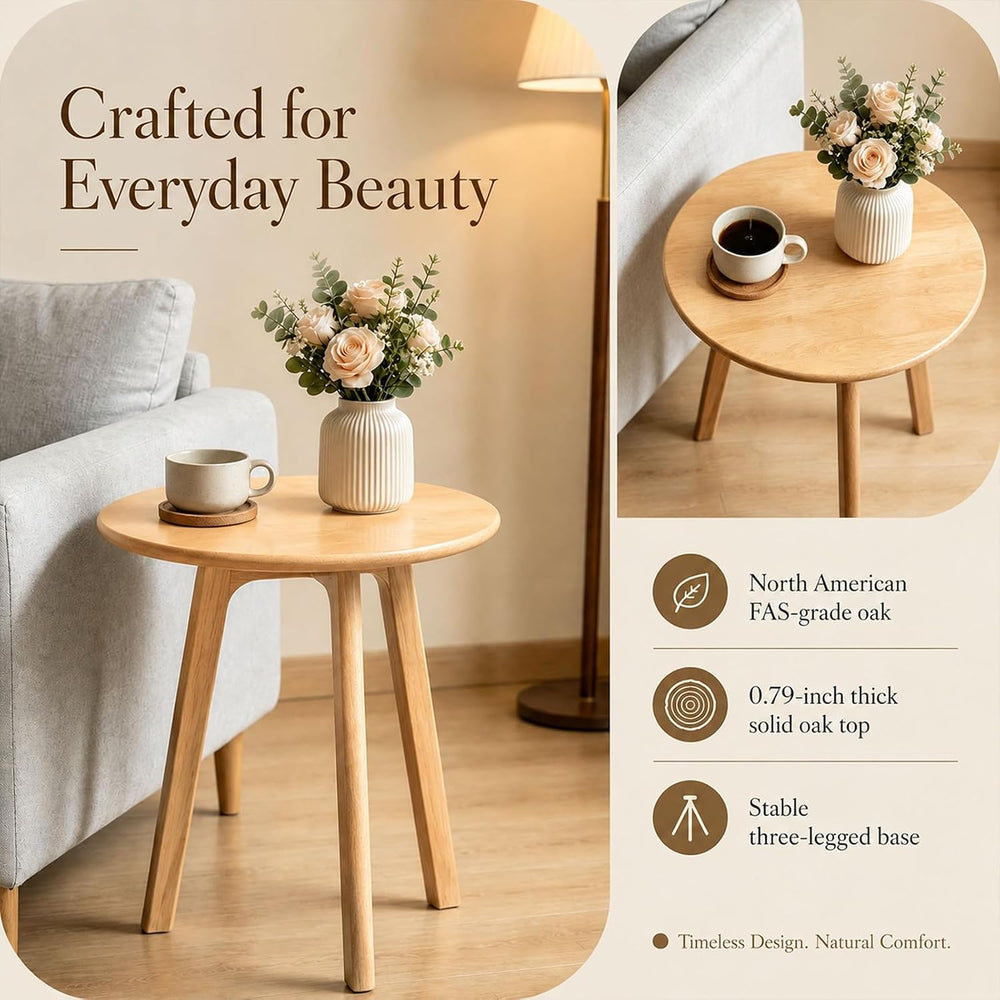 Natural Oak Round Side Table, End Table with 3 Legs