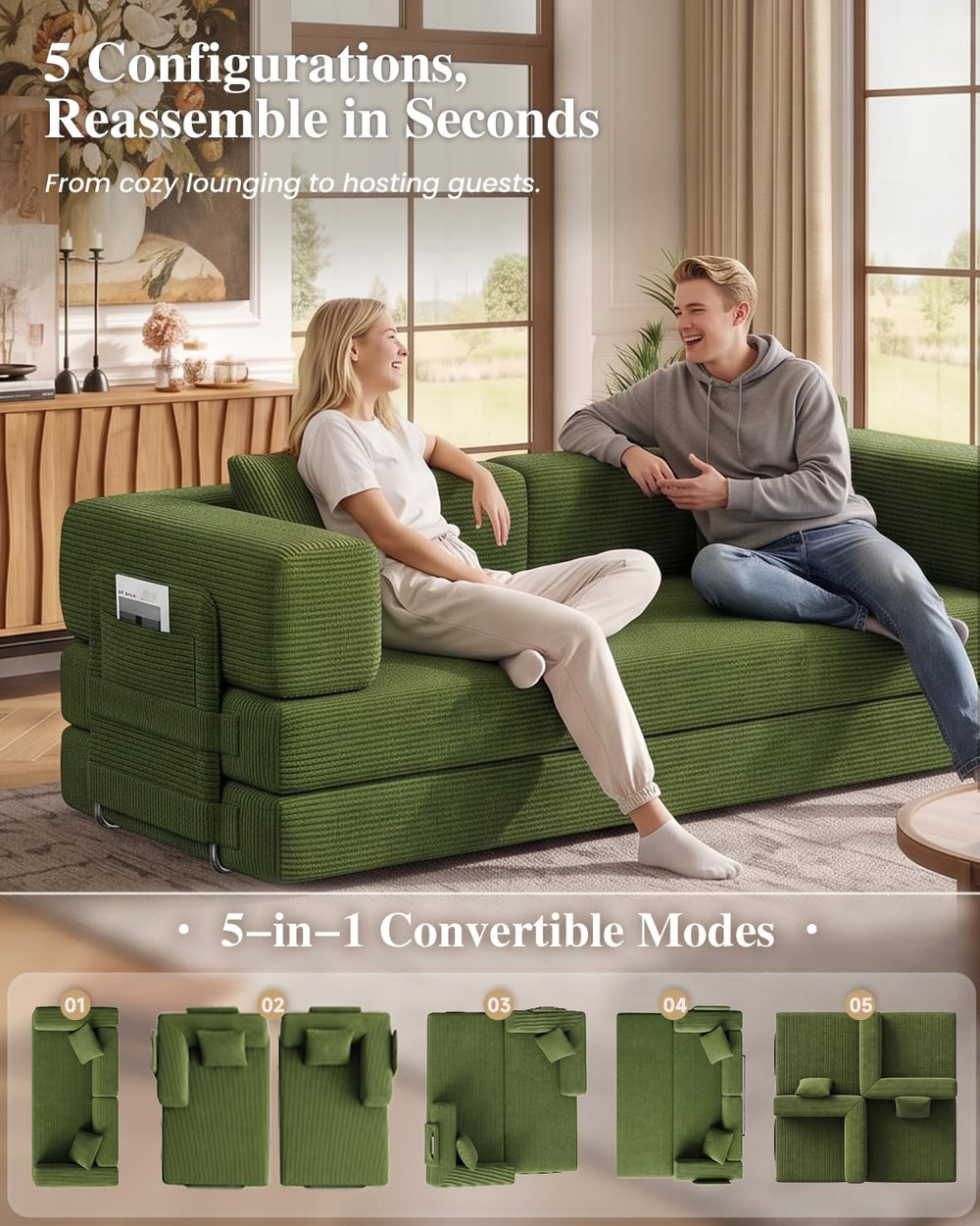 79.5" 5-in-1 Convertible Futon Sofa Bed, Boneless Corduroy, Green