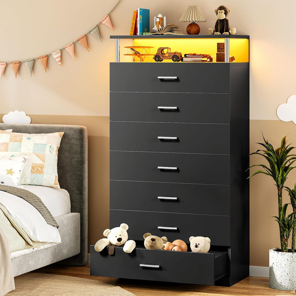 AOGLLATI Black Tall Dresser for Bedroom with Column Design & Led Lights, ...