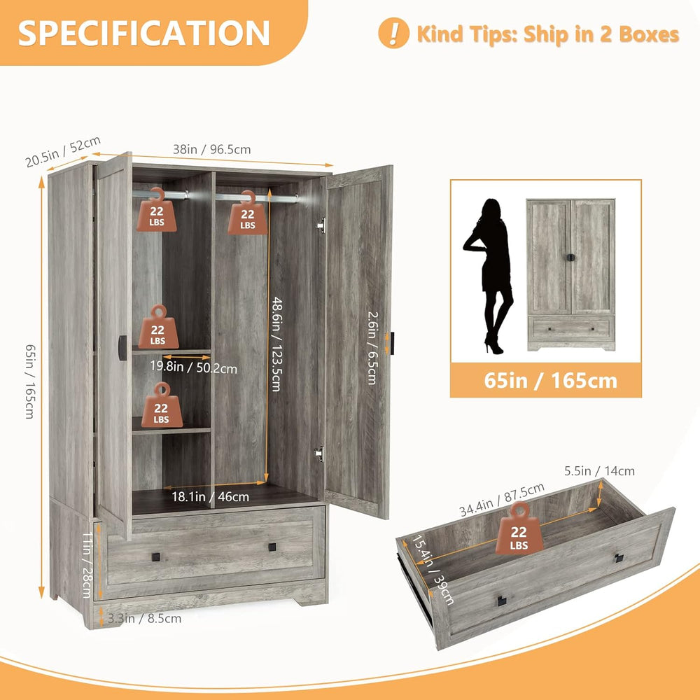 VINGLI Wide Armoire Wardrobe Closet with Hanging Rod, Adjustable Shelves and ...