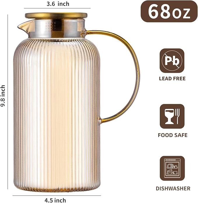 Buaic Glass Pitcher with Lid, 68 oz/ 2 Liter Amber Classic Vertical Stripes - Image 2