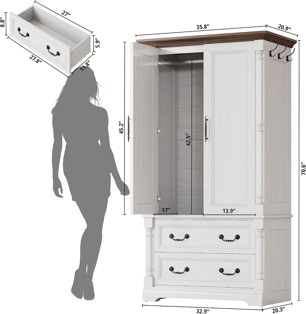 LIKIMIO Armoire Wardrobe Closet 70" with 2 Drawers for Bedroom, White