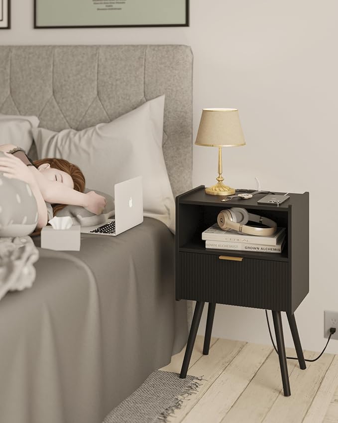 Black Nightstand with Outlet,Modern Bedside Table with Storage Drawer and Ope...