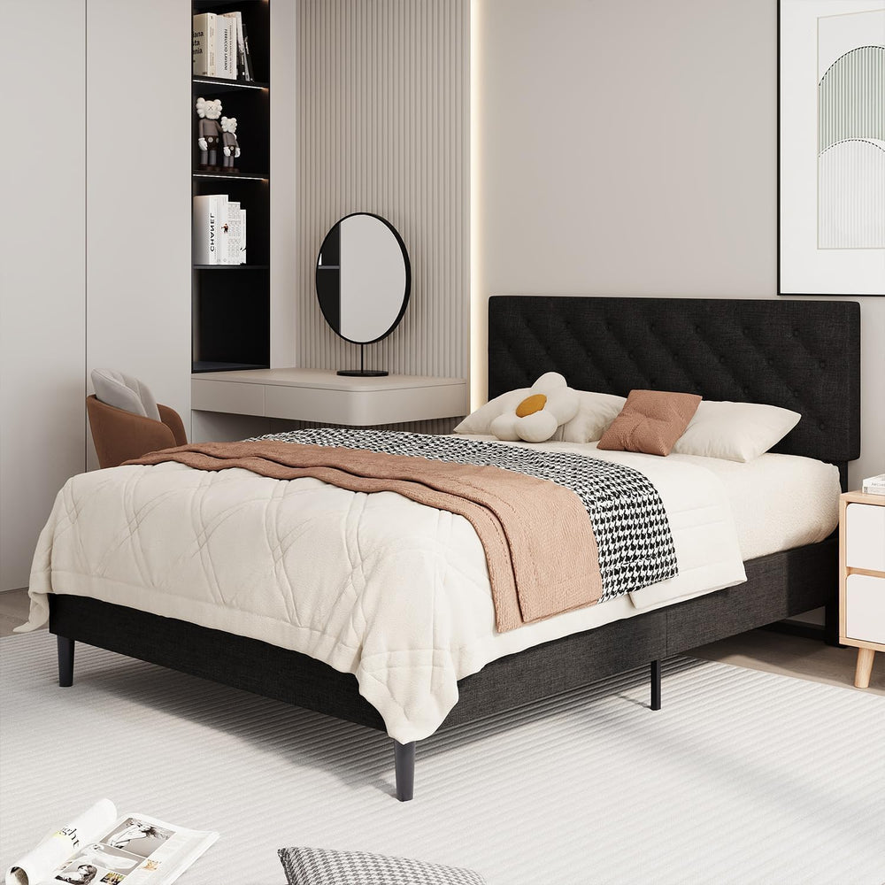 Full Size Platform Bed Frame with Button Tufted Headboard,Black