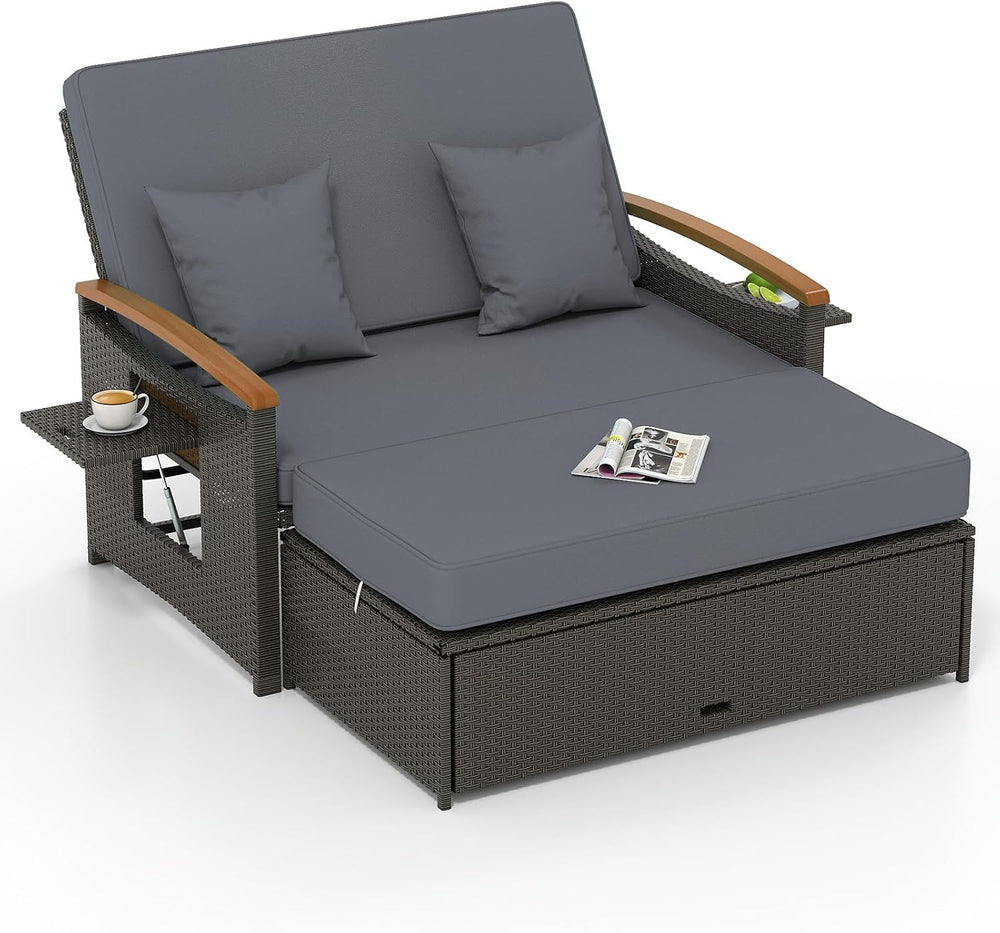 Tangkula Patio Rattan Daybed, Outdoor Wicker Loveseat, Grey & Brown
