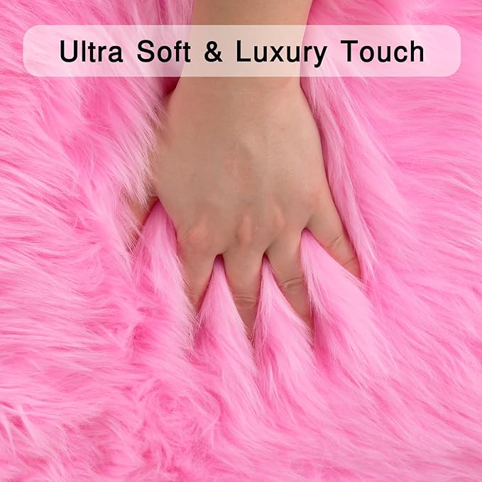duduta Hot Pink Faux Fur Rug 3x5 ft, Fluffy Shag Rectangular Sheepskin Rug - Image 3