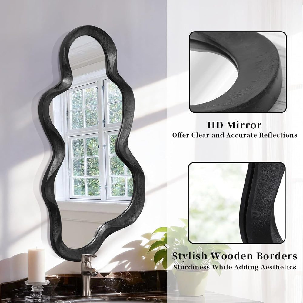 Black Asymmetrical Mirror, Wall Irregular Wood Frame Wavy Wall Mirror