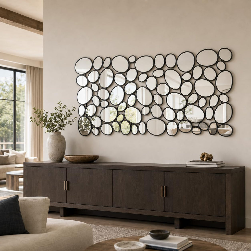 Black Mosaic Wall Mirror, 27.55" x 55" Large Pebble Geometric Decor...