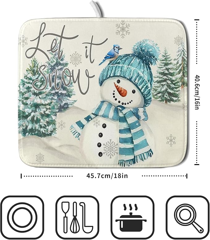 Giwawa Blue Snowman Dish Drying Mat Xmas Trees Bird Winter Snowy Scene Dish - Image 2