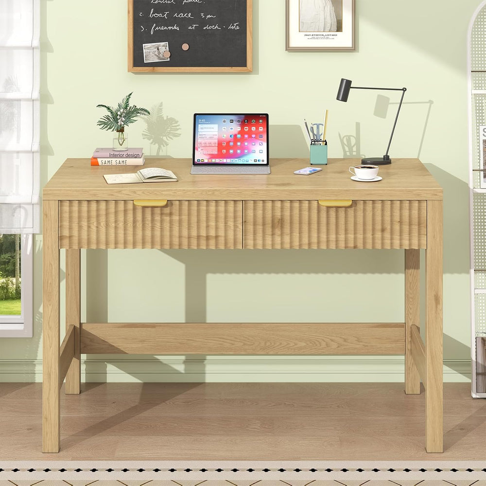 YOMILUVE Fluted Computer Desk with 2 Drawers, 39 Inch Small Computer Desk wit...