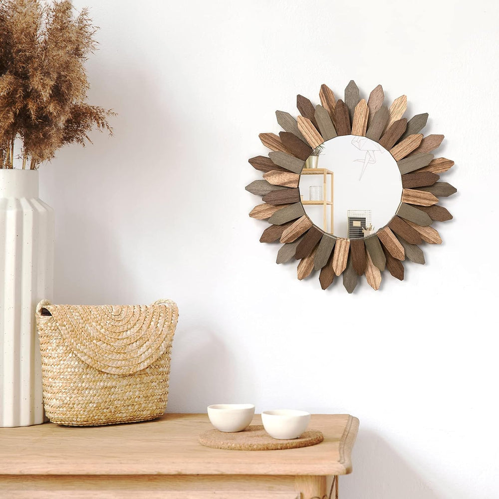 Honiway Boho Wall Decor Mirror 2 Pack 12 inch Rustic Wood Decorative Mirror f...