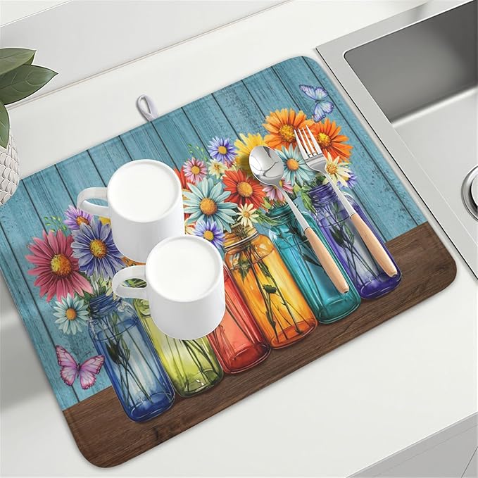 Vintage Floral Dish Drying Mat for Kitchen Counter Rustic Flower Vases Wooden - Image 8