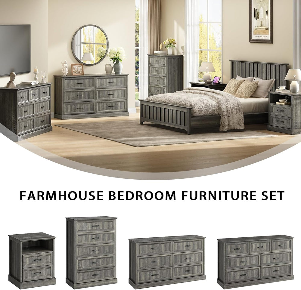 Farmhouse 7 Drawer Dresser for Bedroom, 55" Grey Dresser with TV Stand