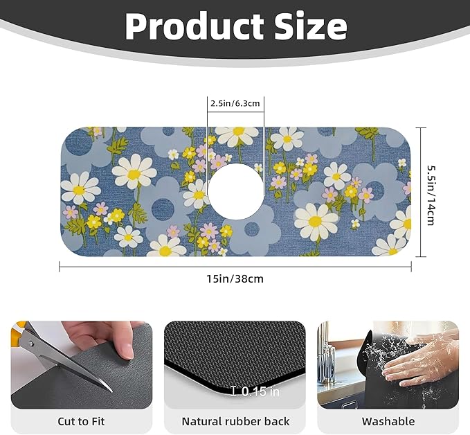 Daisy Flowers Dish Drying Mat for Kitchen Counter, Large Drying Kitchen Mat - Image 3