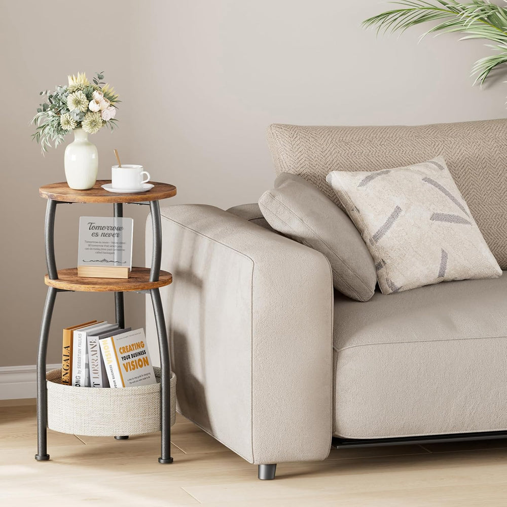 Round Side Table for Small Spaces with Storage Basket –Small End Table 3-Tier...