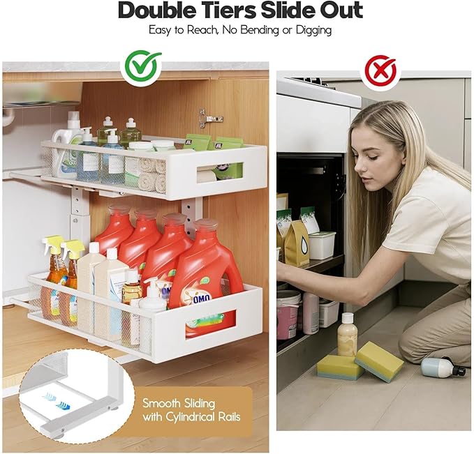 Under Sink Organizer, 2-Tier Dual Pull Out Cabinet Organizer Drawers - Image 4