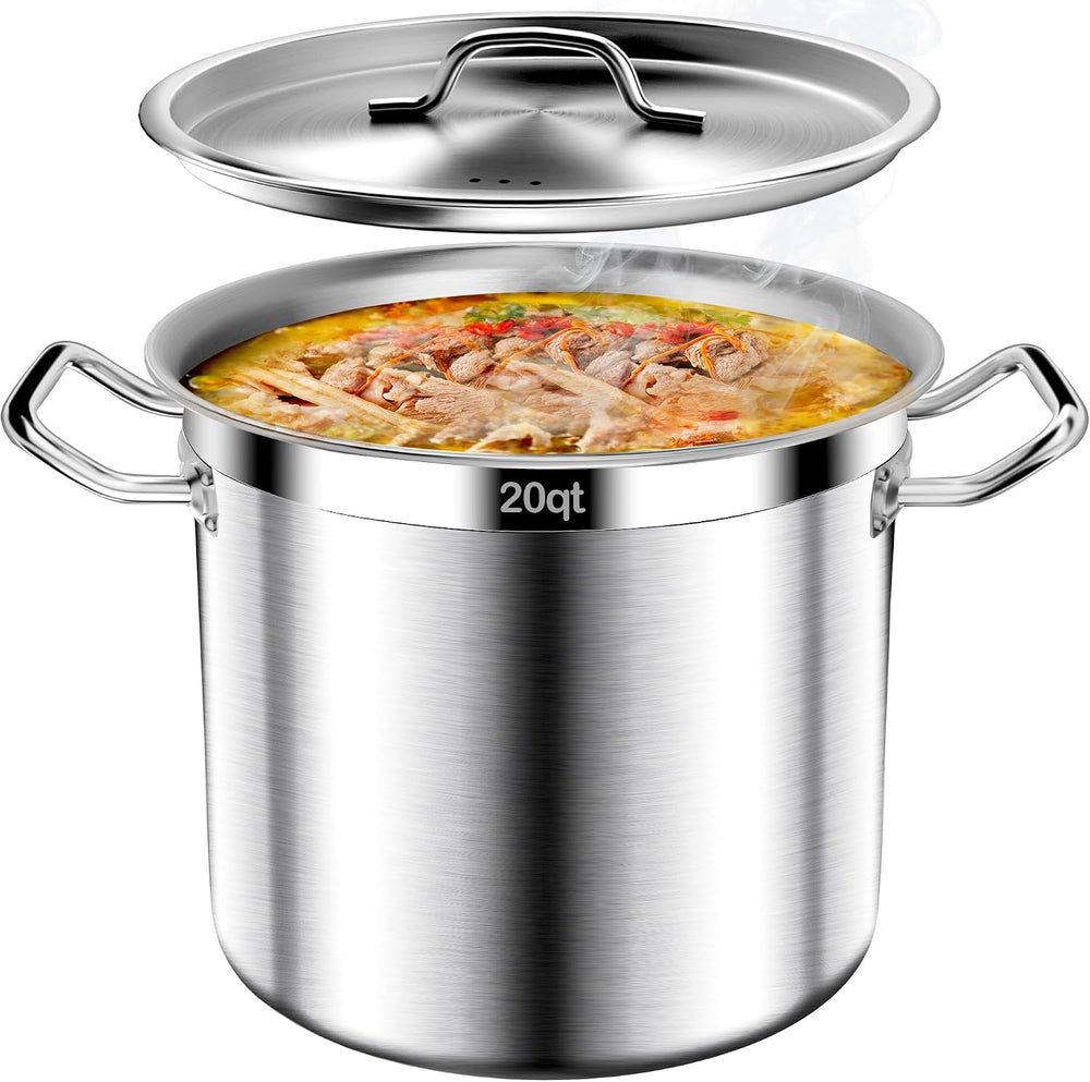Stock Pot-20QT Stainless Steel Stockpot with Lid, Heavy Duty Tri-Ply Bottom C...