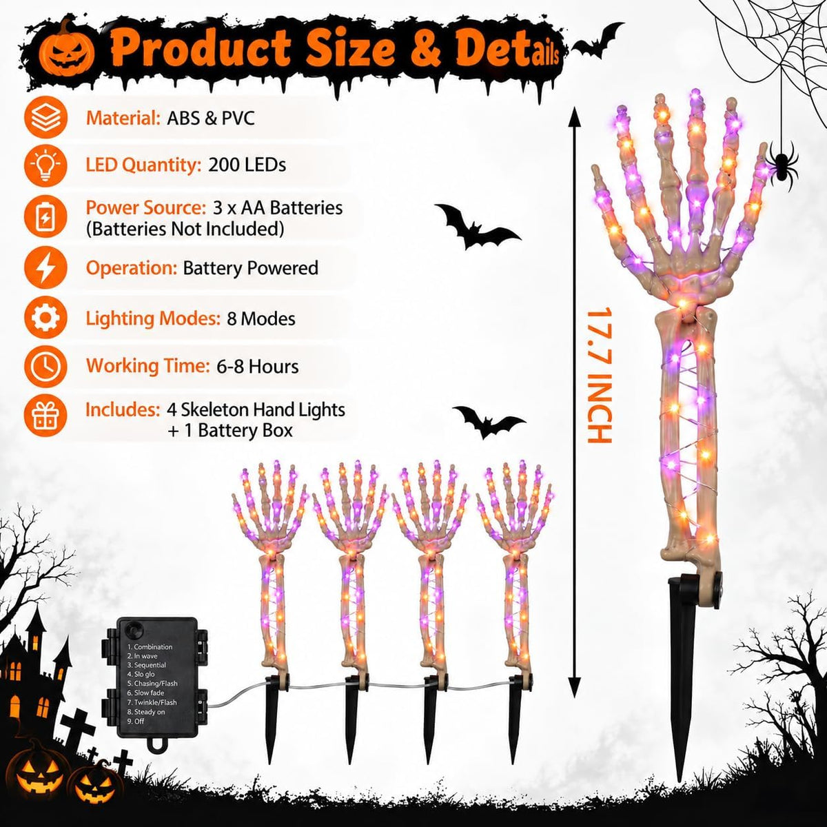 Halloween Decorations Outdoor, 4 Pcs Lighted Skeleton Hand Stakes with 200 LEDs, Battery Operated Halloween Pathway Lights with 3 Colors & 8 Modes, Spooky Graveyard Decor for Yard Garden Lawn Pathway